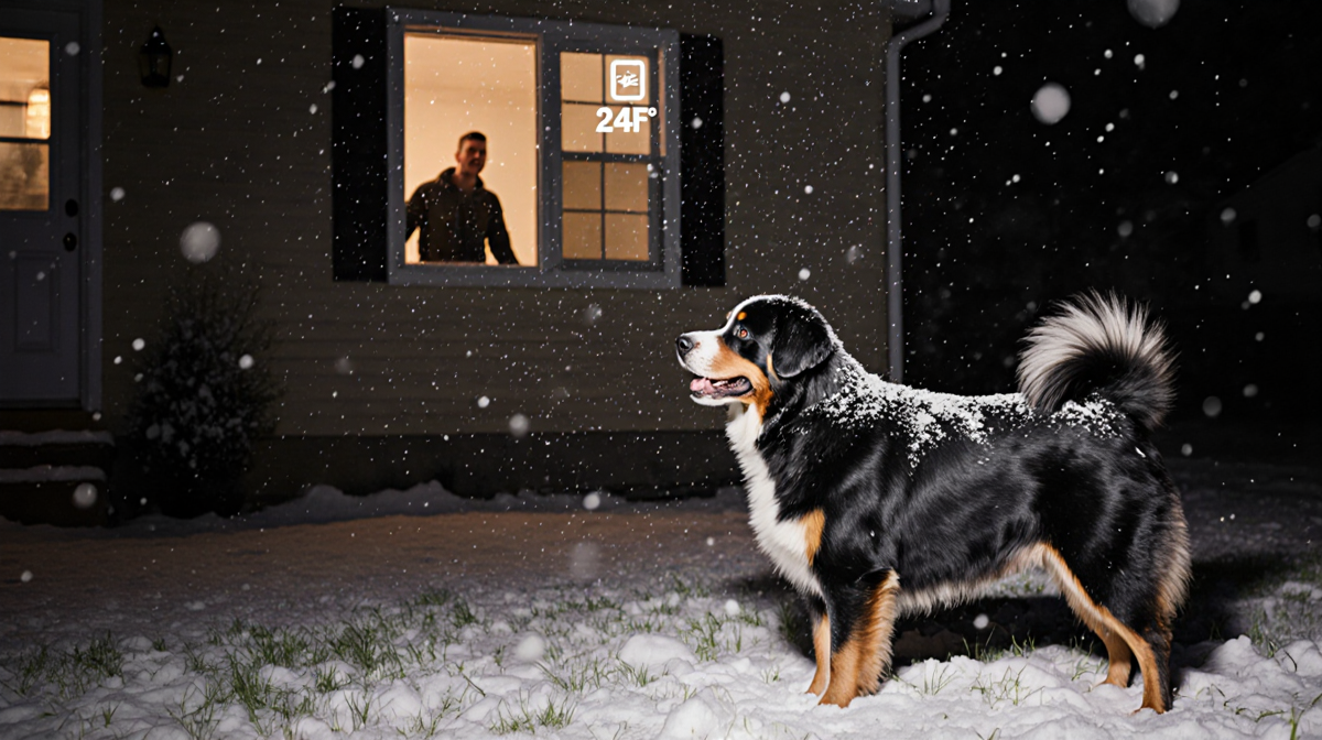 Bernese Mountain Dog Ivy looks up at warm-lit window with snowflakes on fur and 24°F marker