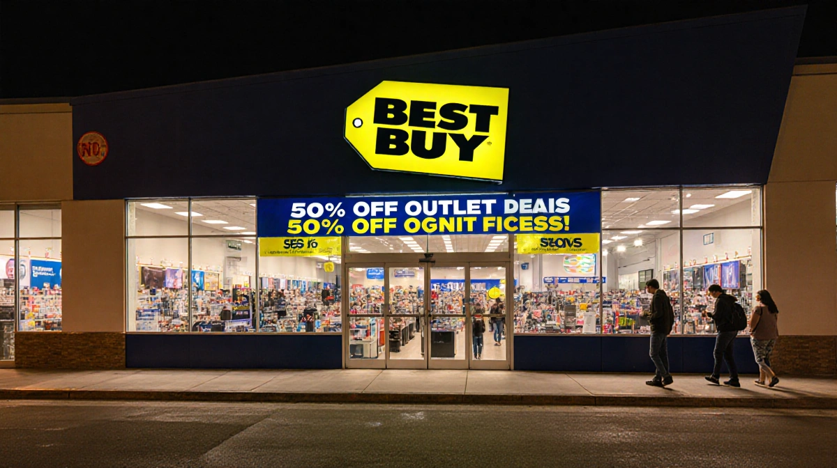 Shoppers browsing Best Buy outlet deals with 50% off banner and bright electronics displays