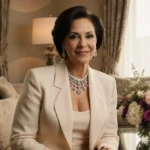 Bettijo B. Hirschi posing confidently with elegant jewelry and fresh flowers on the coffee table