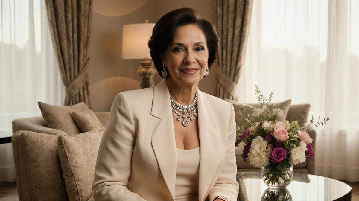Bettijo B. Hirschi posing confidently with elegant jewelry and fresh flowers on the coffee table