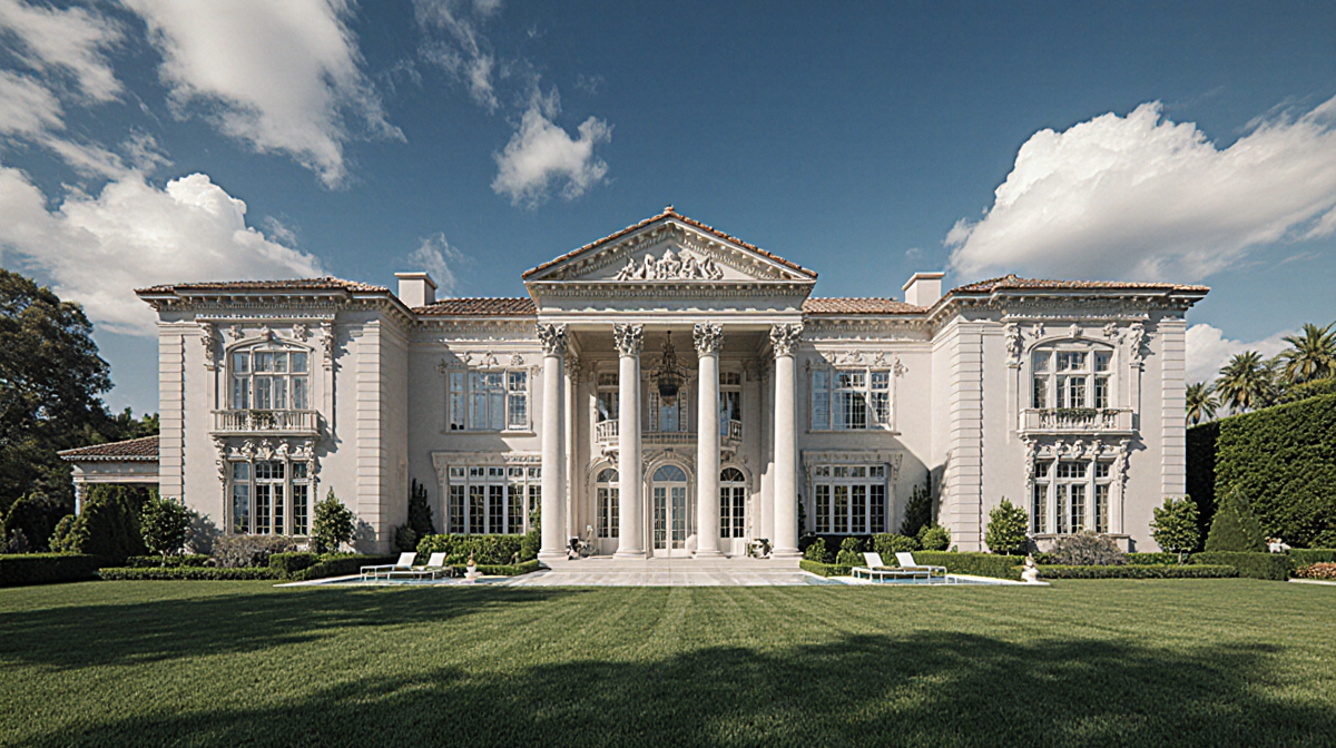 Grand Beverly Hills mansion stands with elegant columns and expansive windows amid lush green lawn and clear blue sky