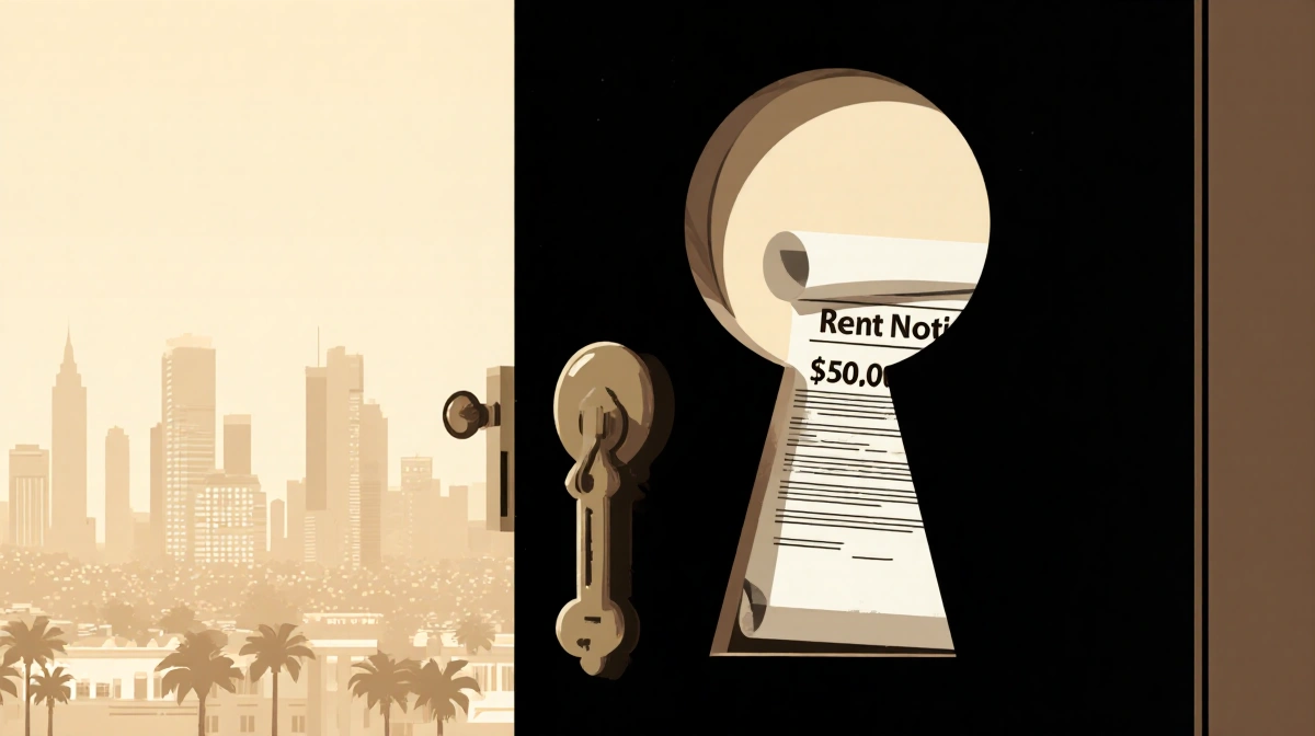 Old keyhole revealing $60,000 rent notice with Beverly Hills skyline and classic noir shadows
