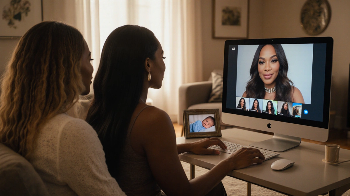Beyoncé and Michelle Williams video chatting with Kelly Rowland on laptop with baby photo and warm living room lighting