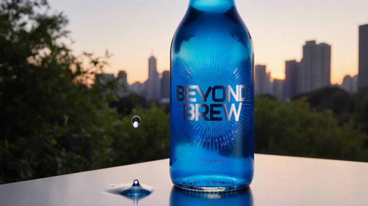 Futuristic glass bottle with electric blue liquid drops onto glowing surface with Beyond Brew label and city skyline behind