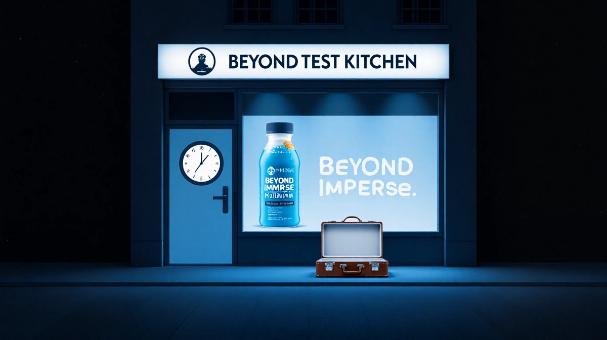 Beyond Test Kitchen storefront glows at midnight with clock showing 12:01 and protein drink display