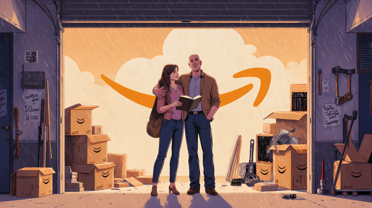 Jeff Bezos stands with MacKenzie Scott outside their garage startup with Amazon logo and scattered books