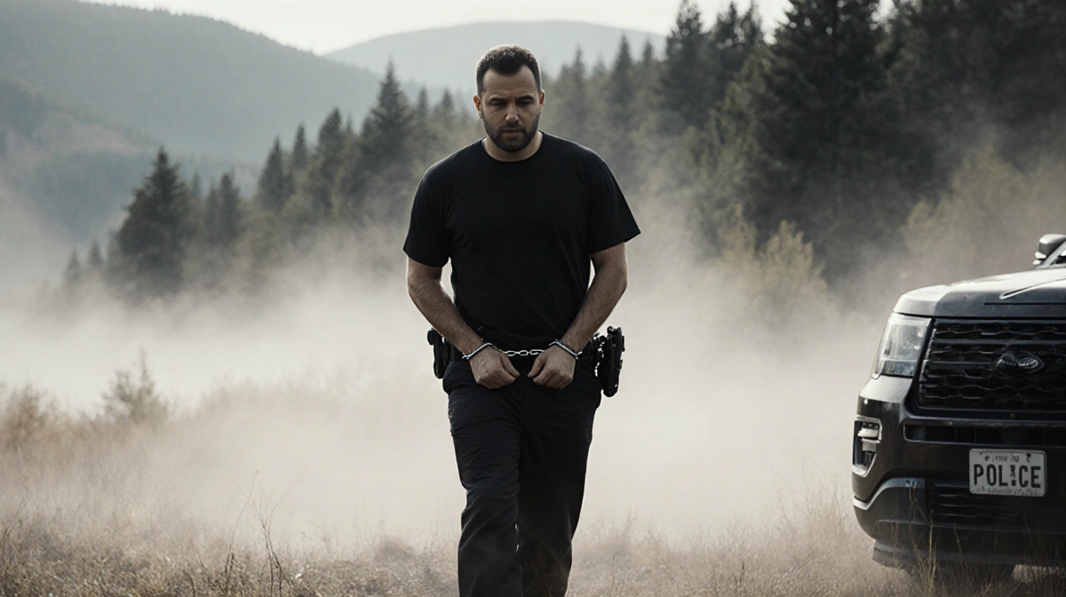 Handcuffed Bianchi led away by police with blurred Washington forest background and evidence bag visible