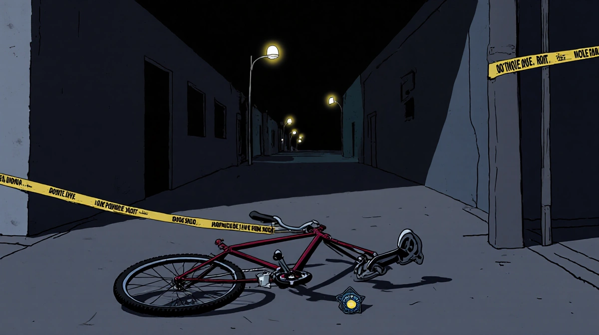 Bicycle lying on dark street with police tape and alley shadows showing crime scene