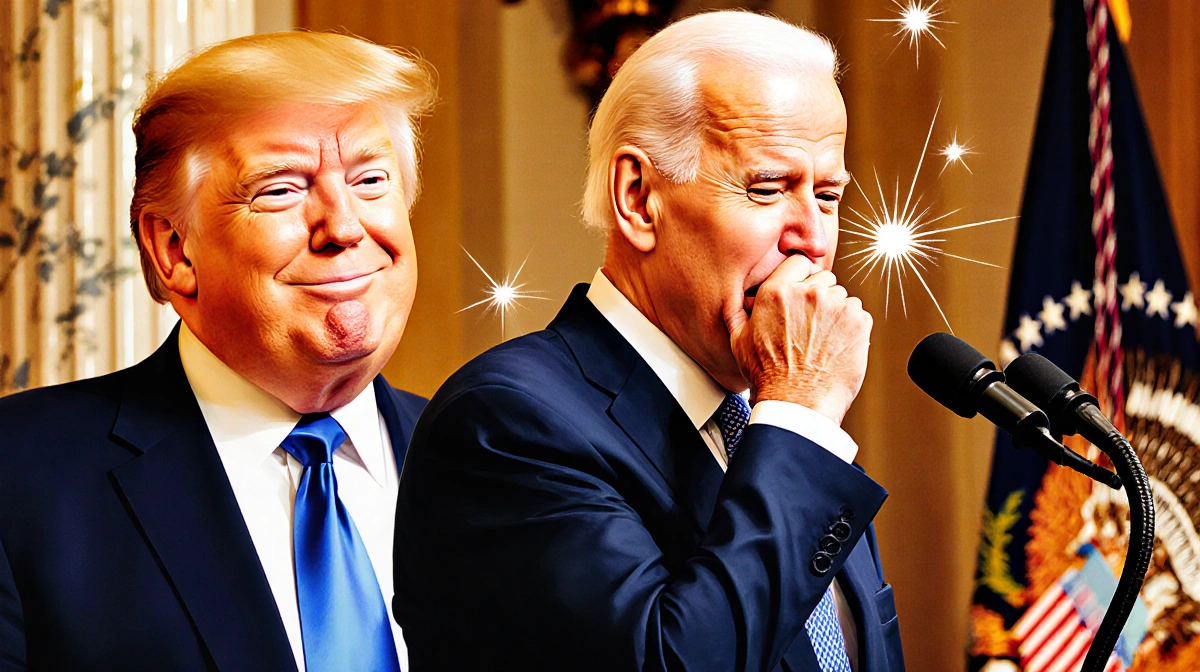 Joe Biden coughing at podium with Trump smirking nearby and teleprompter visible