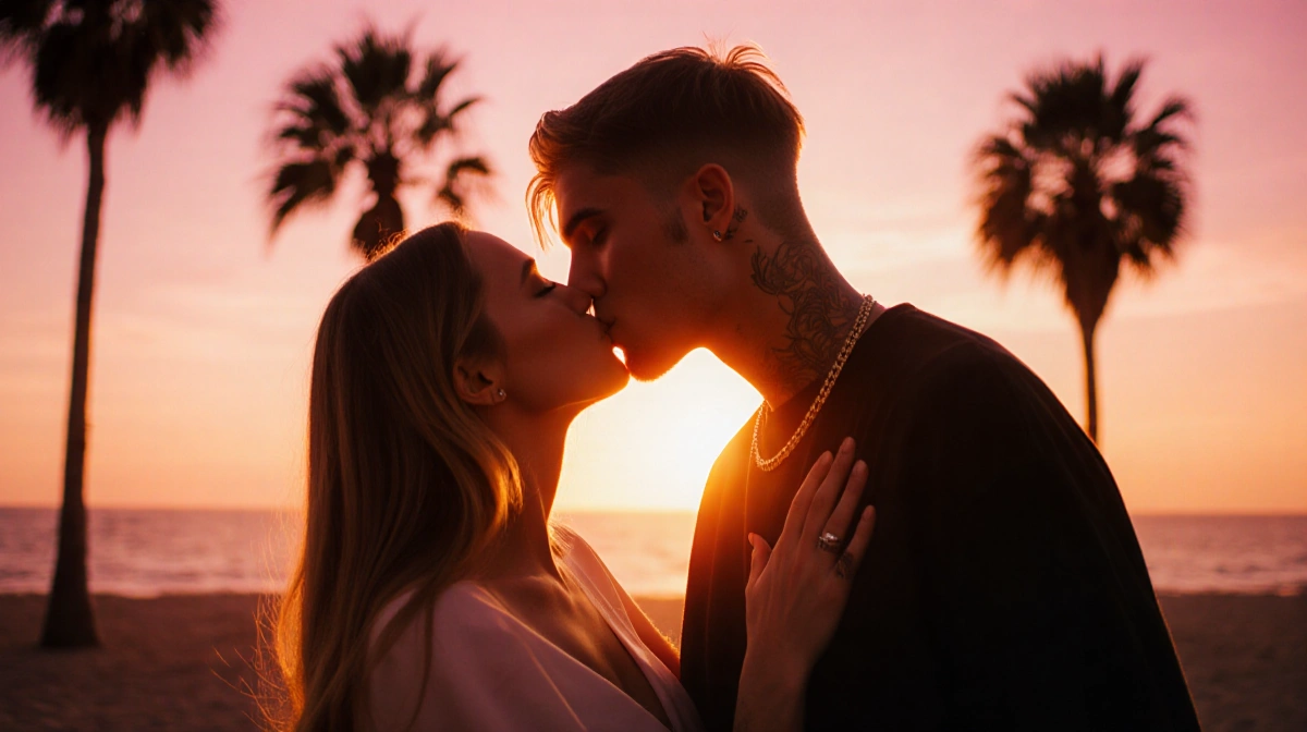 Hailey and Justin Bieber kissing on beach with palm trees silhouetted against golden sunset