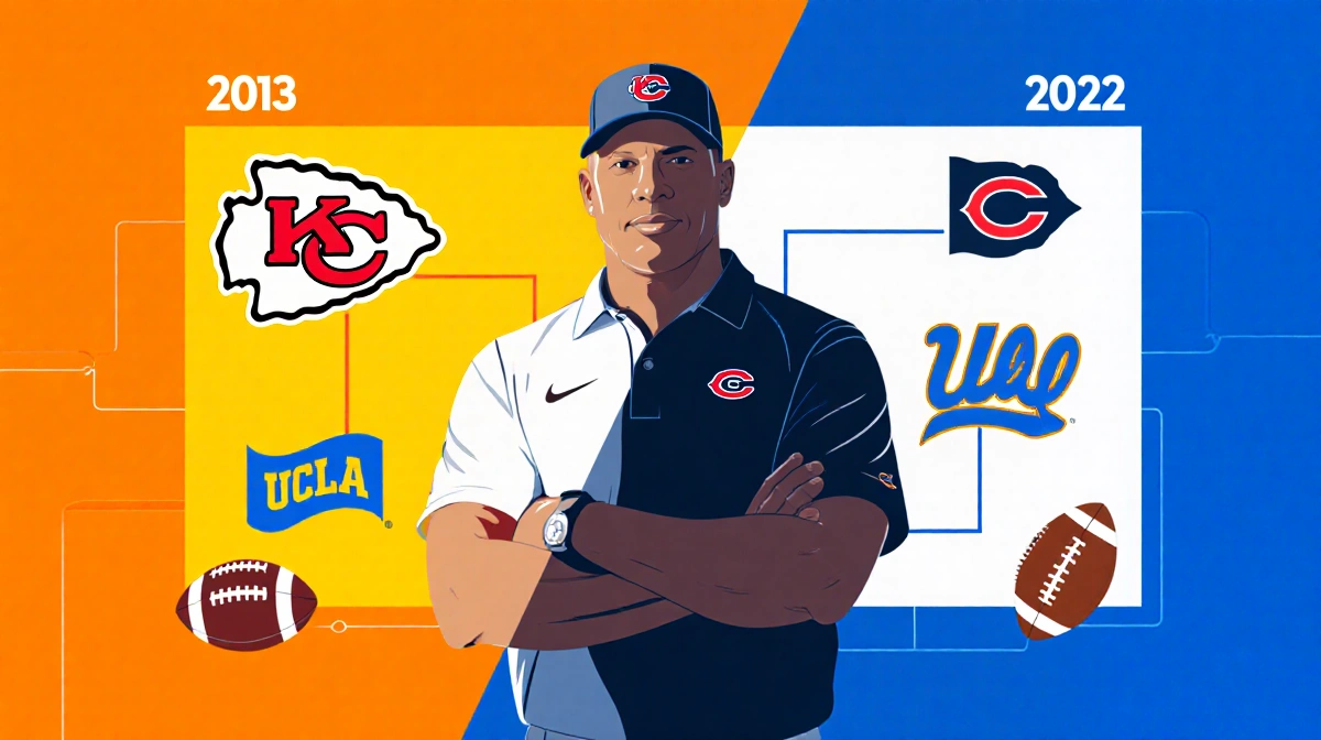 Eric Bieniemy stands between split screens showing Chiefs era and Washington Bears coaching milestones with footballs and tea