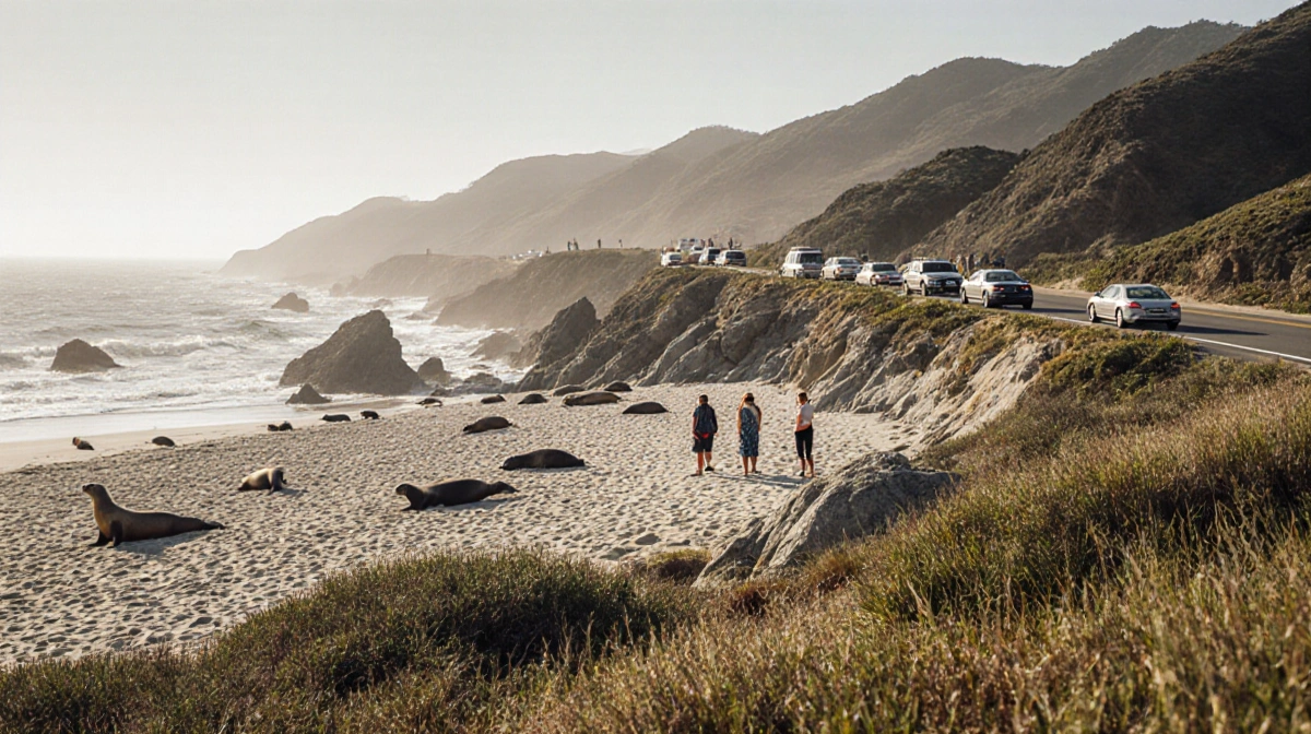 Tourists exploring Big Sur coastline with seals resting on beach and cars parked along scenic road
