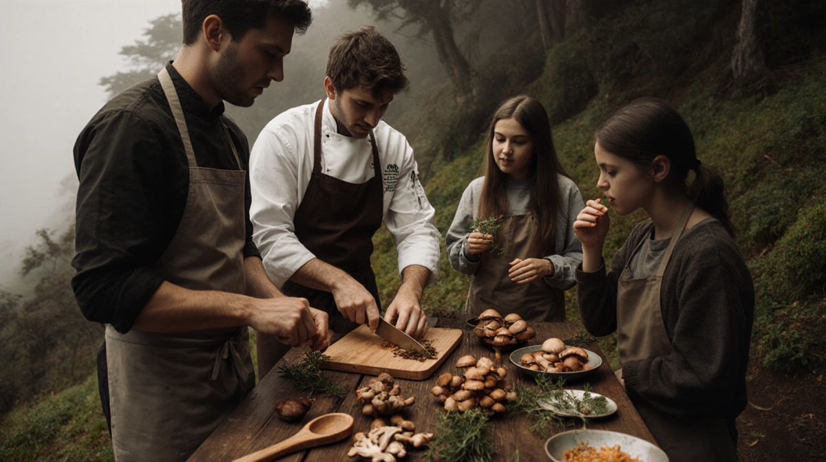 Chef chopping a rare mushroom with a wooden spoon nearby while participants discuss over wild mushrooms on a wooden table