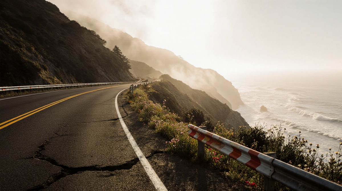 Sun rising over Highway 1 Big Sur with wildflowers blooming through road cracks and fresh guardrails showing restoration