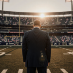 Bill Belichick stands alone on a sunset football field with faint gridiron lines in the ground and empty stadium seats