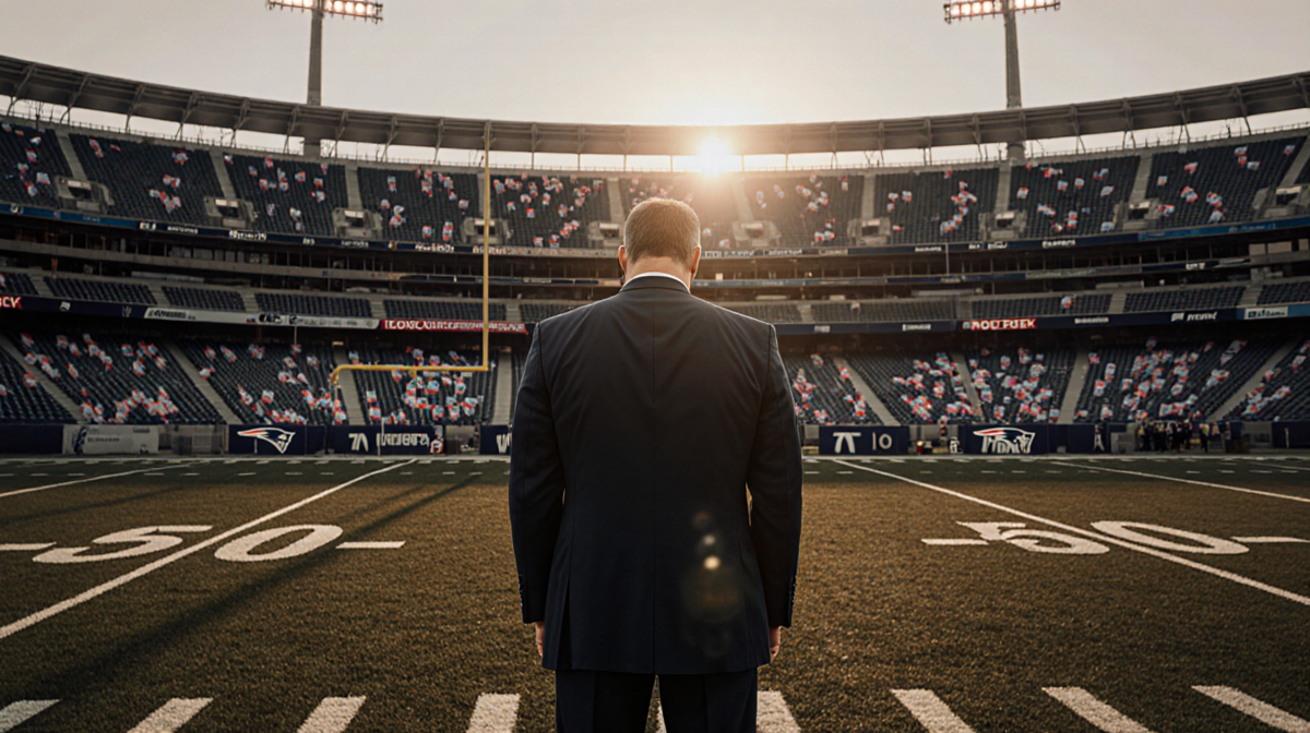 Bill Belichick stands alone on a sunset football field with faint gridiron lines in the ground and empty stadium seats