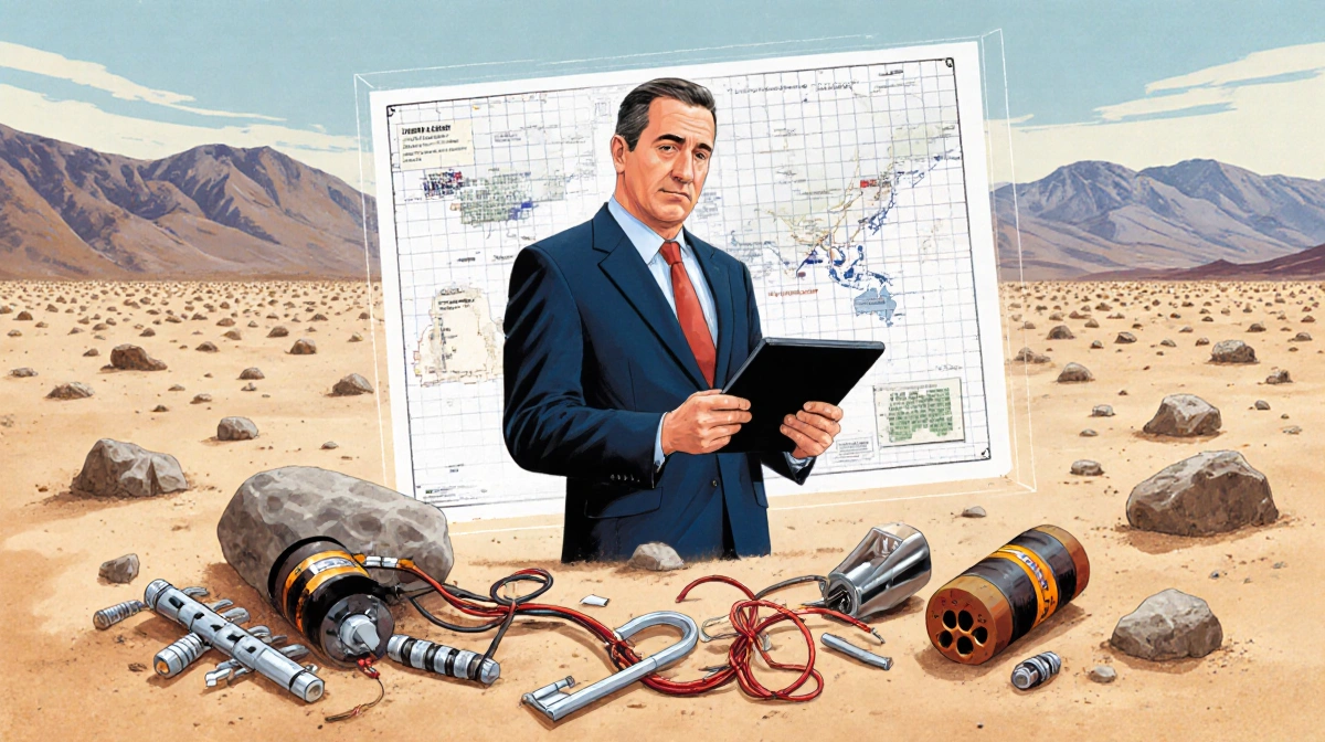 Investigator Bill Essayli holds a tablet with a desert map and explosive fragments on dry sand near a subtle bomb-making grid
