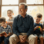Bill Murray sits on a worn bench laughing with his four sons playing in golden light through windows.