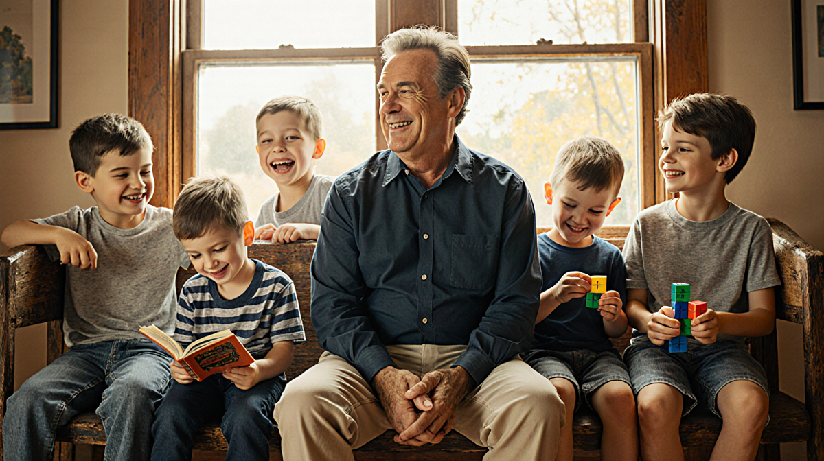 Bill Murray sits on a worn bench laughing with his four sons playing in golden light through windows.