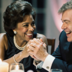 Billie Jean King and Elton John laugh together at a candlelit dinner table with intertwined hands and warm pastel glow