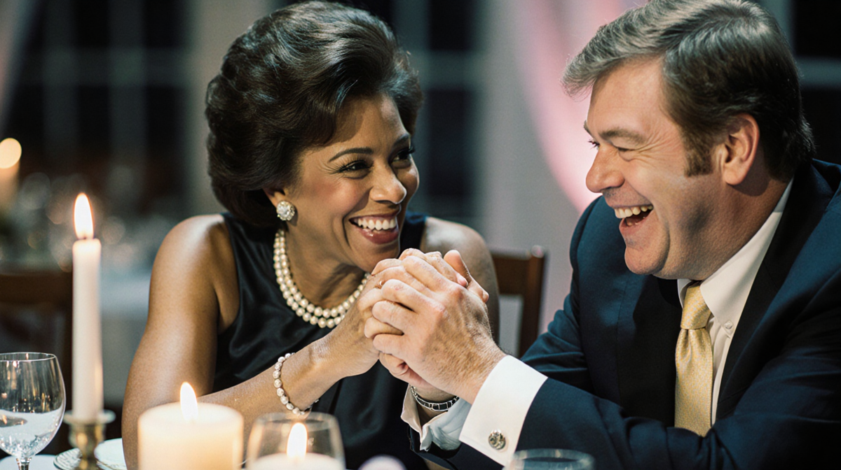 Billie Jean King and Elton John laugh together at a candlelit dinner table with intertwined hands and warm pastel glow