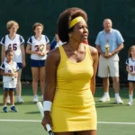 Billie Jean King stands with tennis racket on court with young athletes and parents holding trophies behind her