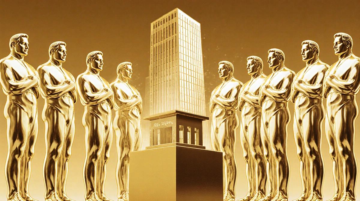 Ten gold billionaire statues around pedestal with modern building showing wealth decline and fortune gap
