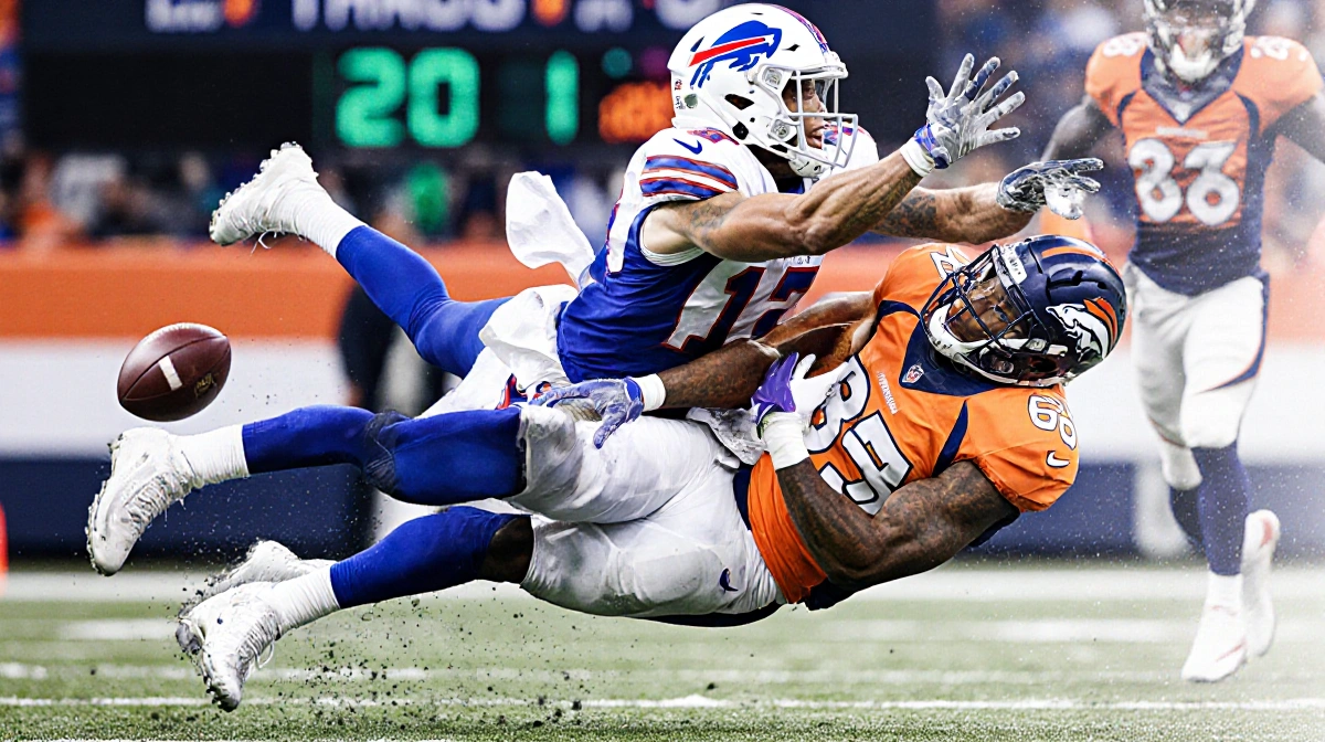 Josh Allen and Brandin Cooks diving for the football with Broncos defender disrupting the play and scoreboard showing overtim