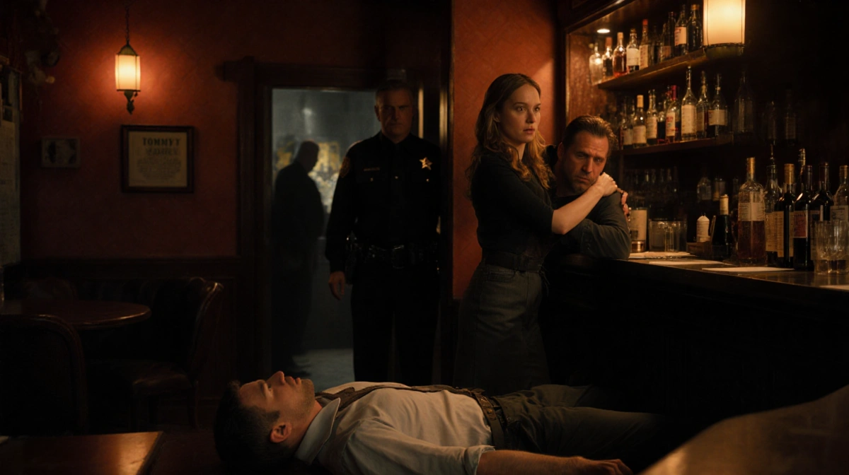 Billy Bob Thornton stands shocked behind bar with body on floor and shadowy figure looming