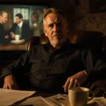 Billy Bob Thornton sits in worn leather chair with scattered scripts and coffee cups showing amusement