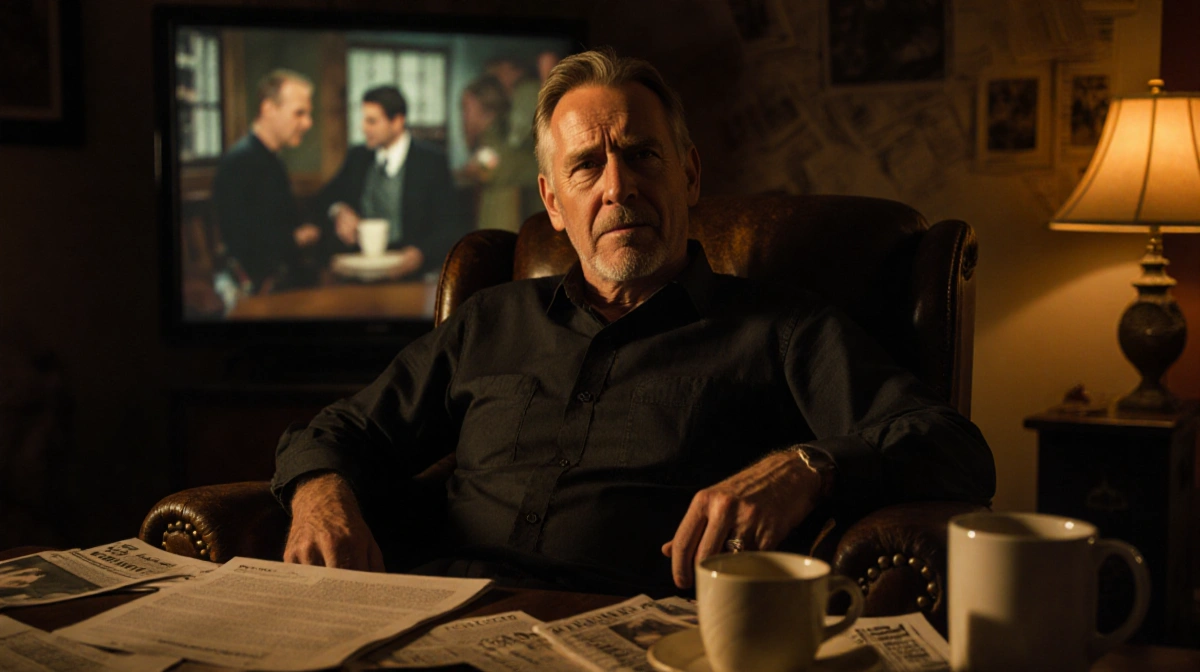 Billy Bob Thornton sits in worn leather chair with scattered scripts and coffee cups showing amusement