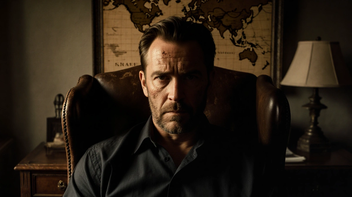 Billy Bob Thornton sitting in worn leather chair with vintage map behind him and determination in his eyes