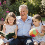 Billy Crystal smiling at his daughters with a worn wooden bench in a backyard full of greenery and warm afternoon light