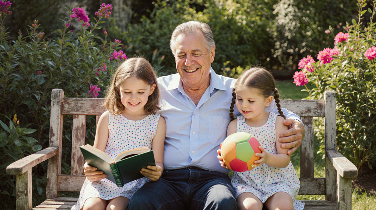 Billy Crystal smiling at his daughters with a worn wooden bench in a backyard full of greenery and warm afternoon light