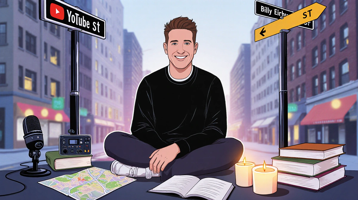 Billy Eichner sits thoughtfully with street interview equipment and personal journals showing his journey from public intervi