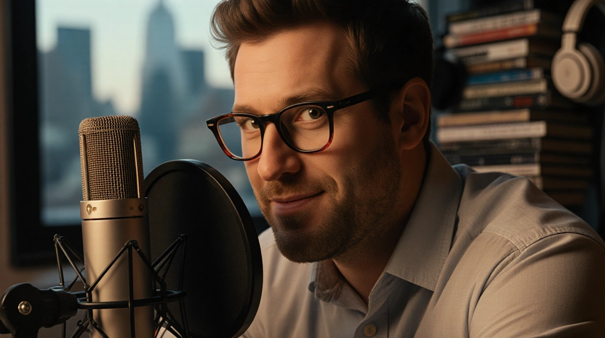 Billy Eichner sits at microphone with glasses on desk and nostalgic audio gear behind him