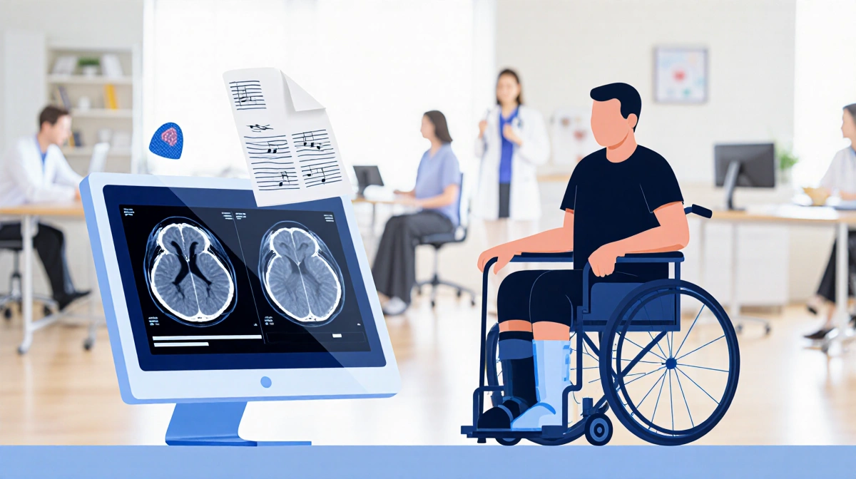 Billy Joel undergoing therapy in a wheelchair with his feet up and a walking boot holding a cane while a tablet displays an M