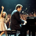 Billy Joel stands at piano with a cane and cheering fans in front of him as daughters dance beside him