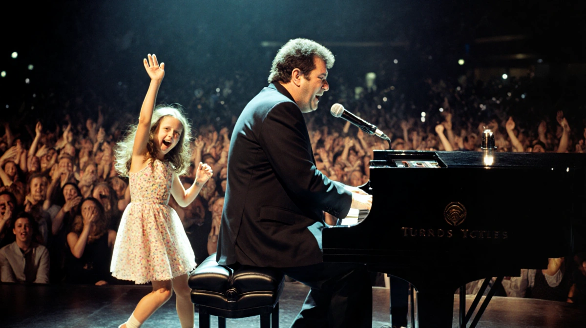 Billy Joel stands at piano with a cane and cheering fans in front of him as daughters dance beside him