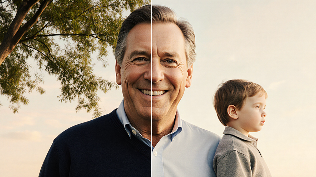 Billy Crystal smiling beside a tree with split screen showing him and a child.