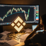 Individual sits at desk contemplating portfolio with Binance logo shining and scattered cryptocurrency tokens in background