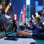 Traders frantically typing on laptops with Ethereum charts glowing on screens and neon city lights in background