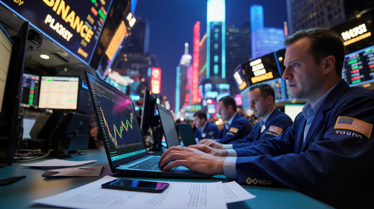 Traders frantically typing on laptops with Ethereum charts glowing on screens and neon city lights in background