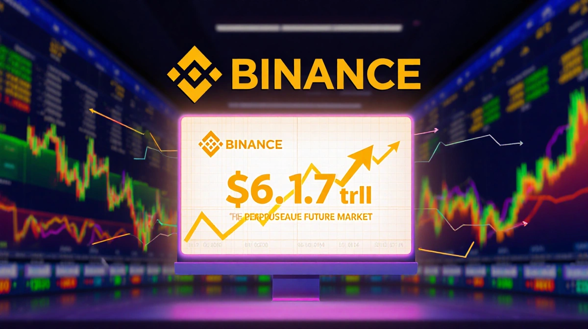 Trading floor shows Binance logo above glowing screen with rising arrows and financial charts