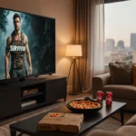 Someone binge-watching Survivor on a big TV with cozy couches and snacks on the coffee table
