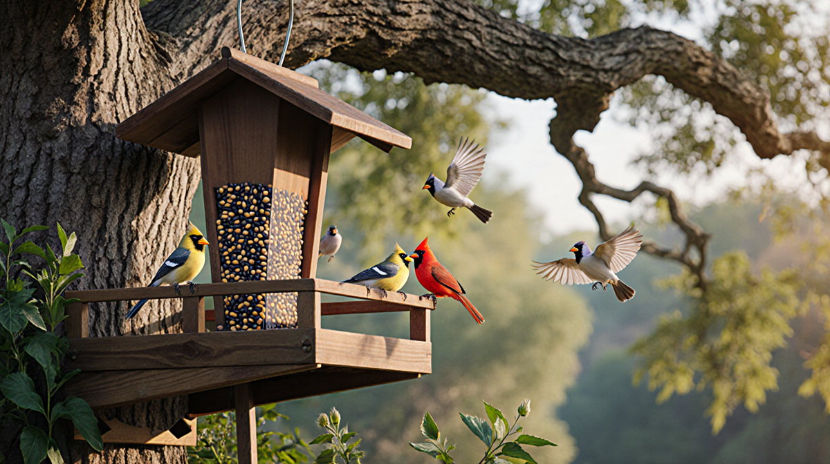 Cardinals perched on wooden bird feeder with black‑oil sunflower seeds and near a tall oak tree in soft morning light.