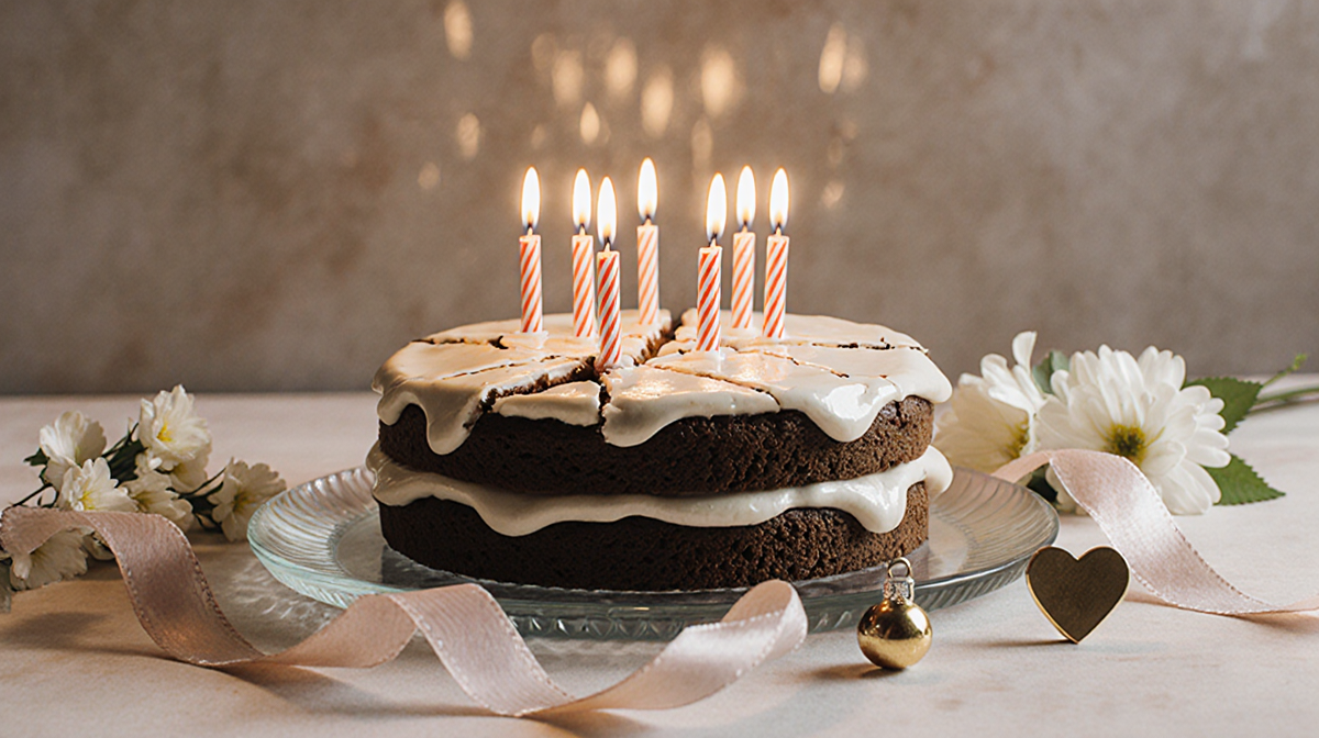 Birthday cake glowing with candles and golden light showing subtle glass cracks and flowers symbolizing love and gratitude