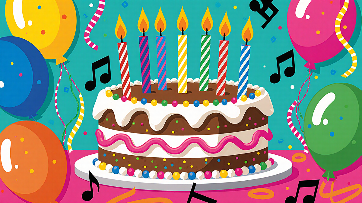 Birthday cake celebrating milestone with five candles and colorful balloons and guitar strings adding rock vibe.