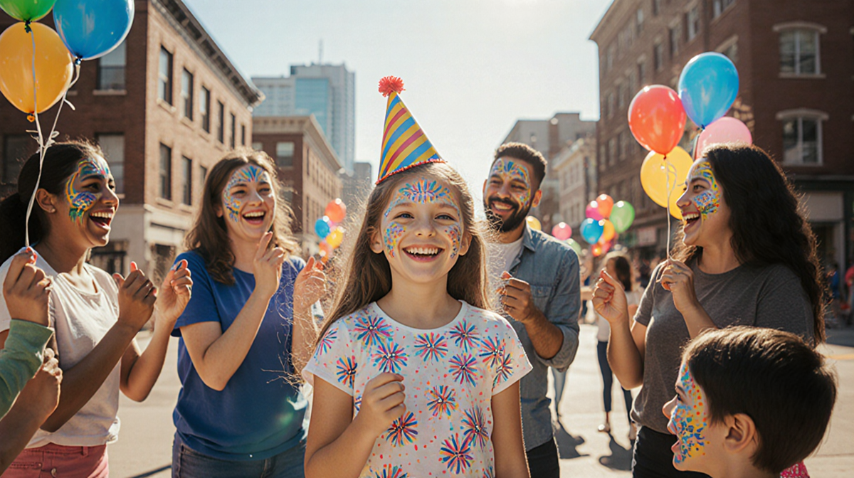 Young girl smiles with birthday hat and friends surrounded by colorful balloons during Kansas City celebration.