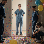 Shattered birthday balloons fall with confetti while a police officer watches and a handcuffed suspect sits